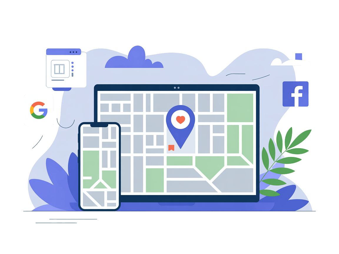 Local search display with map pins, from a search engine, on a laptop screen