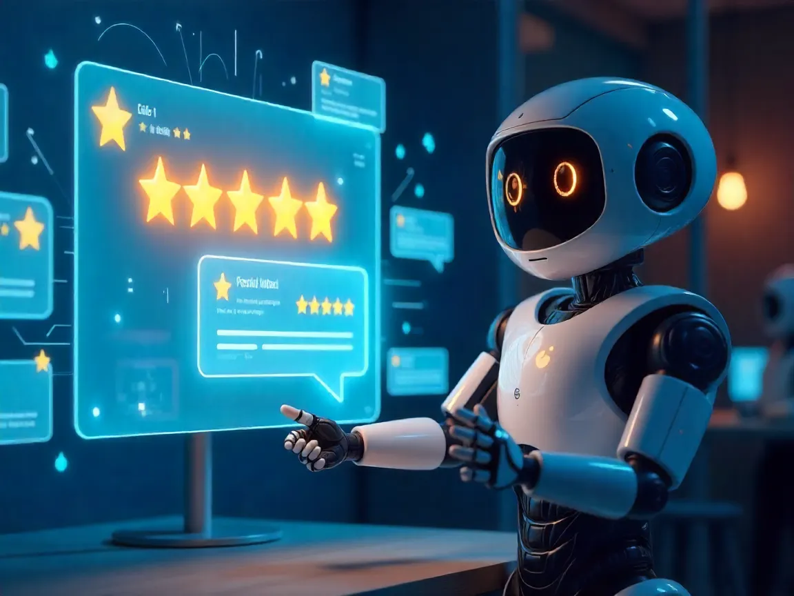 A happy little robot checking out reviews for a business