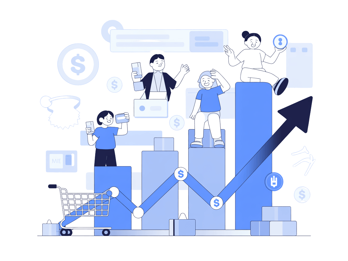 Happy people climbing up a bar graph, ecstatically paying for services all the way up