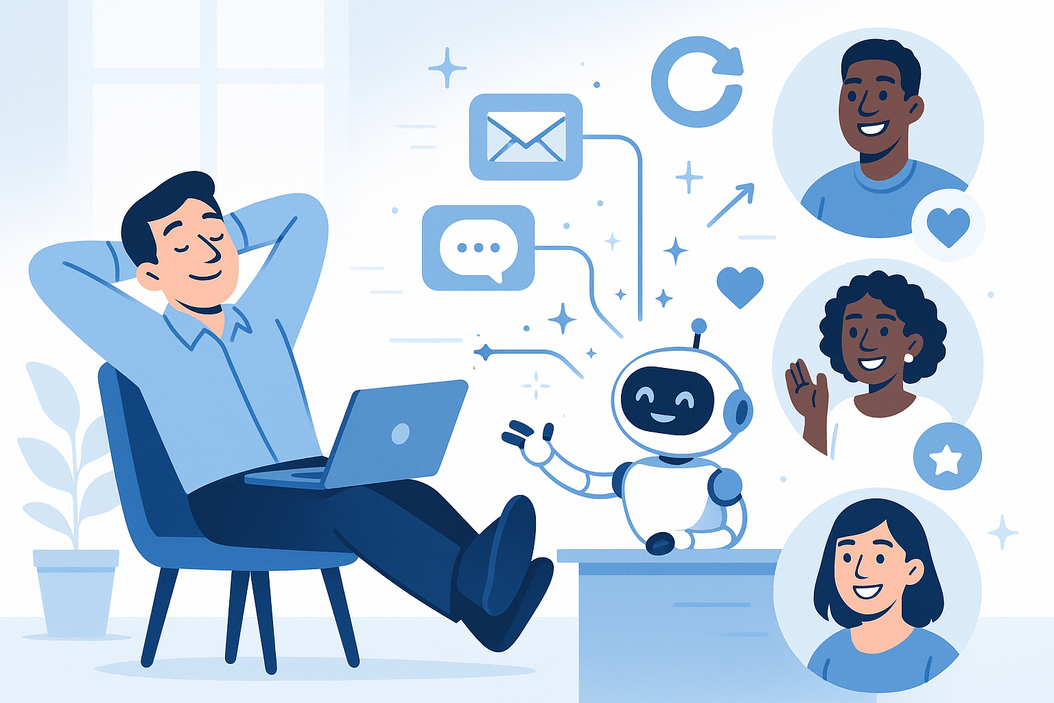 A robot at a desk helping customers while the owner sleeps in his chair.